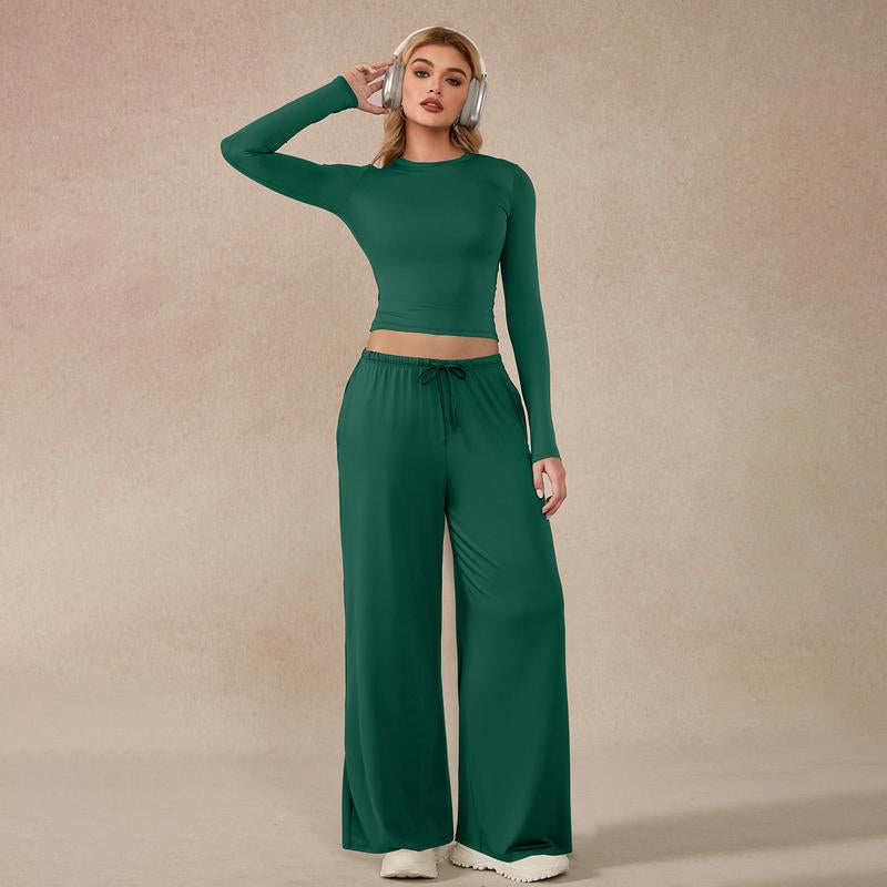 Timeoff Women'S 2-Piece Activewear Set Long-Sleeve Crop Top & Wide-Leg Pants Stretchy Fabric for Yoga Leisure Daily Active Scenarios Workout Running Clothes