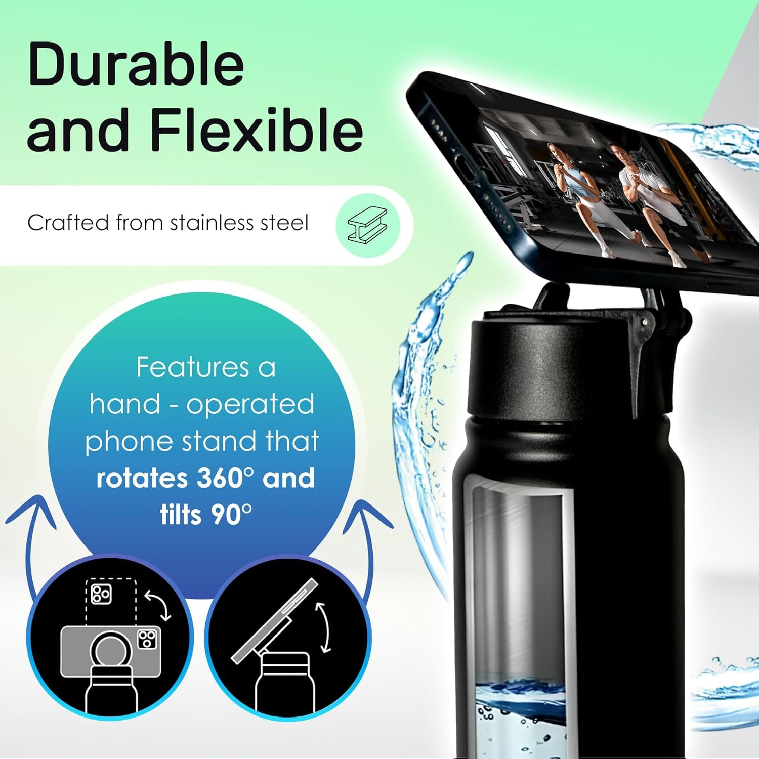 Insulated Water Bottle with Phone Stand & Snack Holder – Leakproof, 360° Kickstand, Great for Gym, Work, Travel, Sports – Fits Most Smartphones