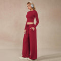 Timeoff Women'S 2-Piece Activewear Set Long-Sleeve Crop Top & Wide-Leg Pants Stretchy Fabric for Yoga Leisure Daily Active Scenarios Workout Running Clothes