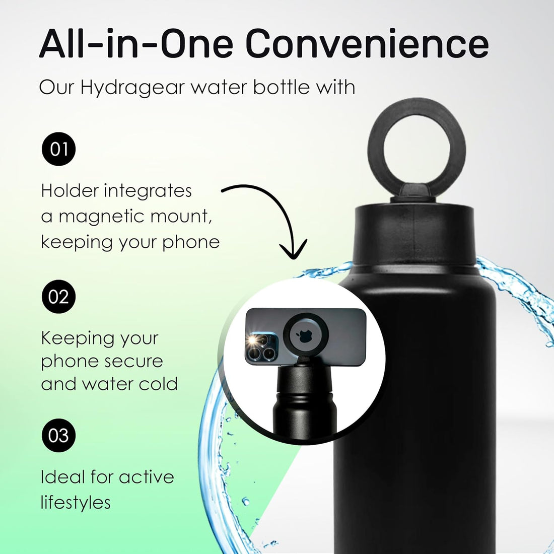 Insulated Water Bottle with Phone Stand & Snack Holder – Leakproof, 360° Kickstand, Great for Gym, Work, Travel, Sports – Fits Most Smartphones