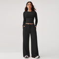 Timeoff Women'S 2-Piece Activewear Set Long-Sleeve Crop Top & Wide-Leg Pants Stretchy Fabric for Yoga Leisure Daily Active Scenarios Workout Running Clothes