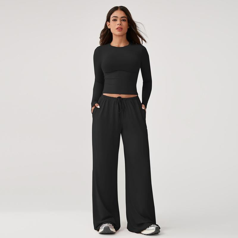 Timeoff Women'S 2-Piece Activewear Set Long-Sleeve Crop Top & Wide-Leg Pants Stretchy Fabric for Yoga Leisure Daily Active Scenarios Workout Running Clothes