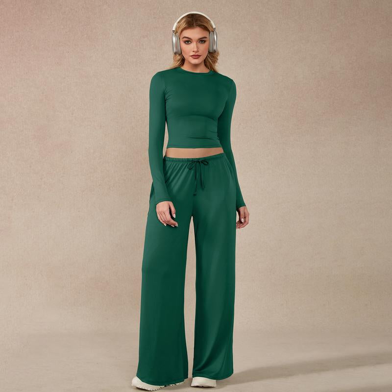 Timeoff Women'S 2-Piece Activewear Set Long-Sleeve Crop Top & Wide-Leg Pants Stretchy Fabric for Yoga Leisure Daily Active Scenarios Workout Running Clothes