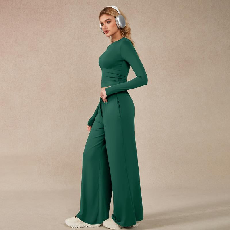 Timeoff Women'S 2-Piece Activewear Set Long-Sleeve Crop Top & Wide-Leg Pants Stretchy Fabric for Yoga Leisure Daily Active Scenarios Workout Running Clothes