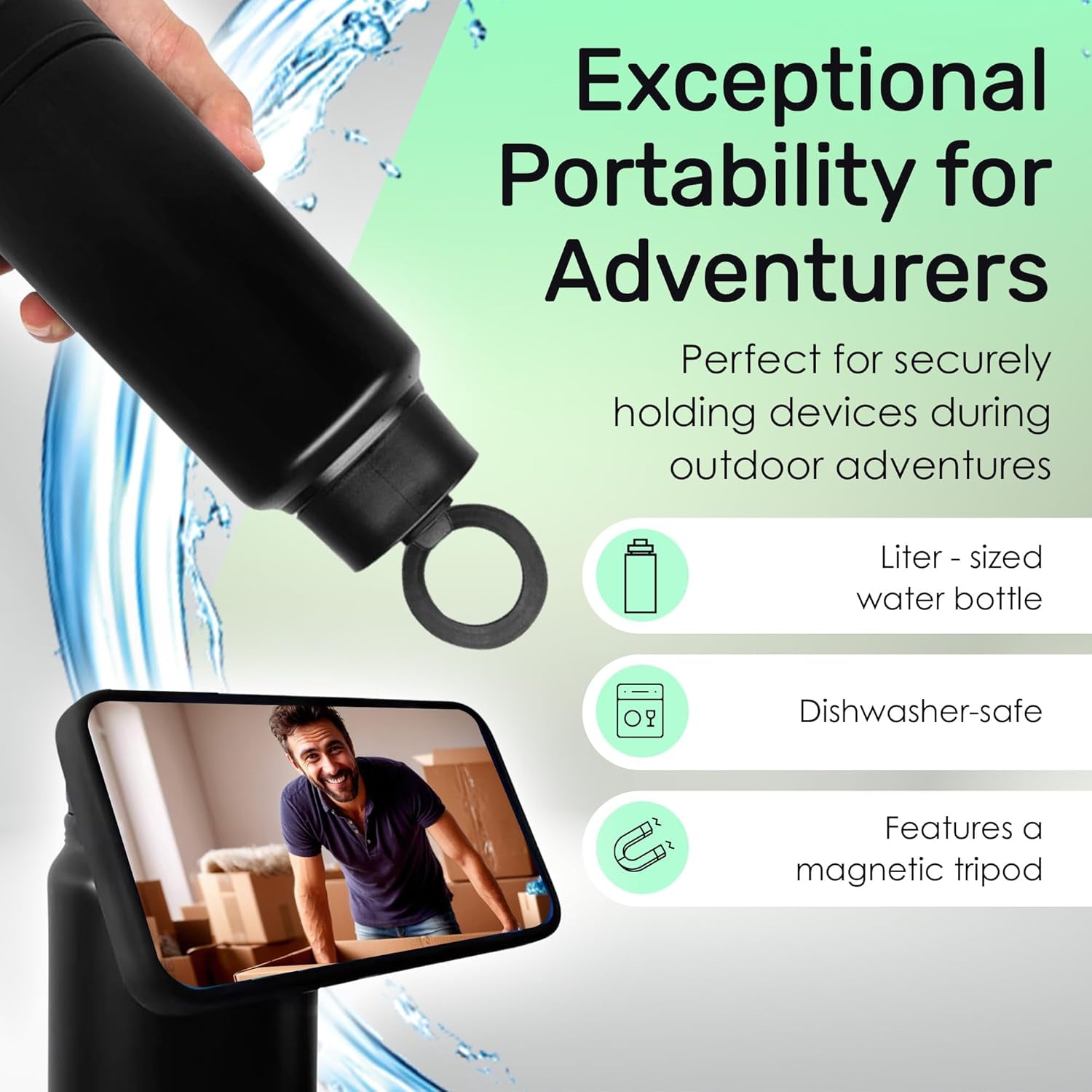Insulated Water Bottle with Phone Stand & Snack Holder – Leakproof, 360° Kickstand, Great for Gym, Work, Travel, Sports – Fits Most Smartphones