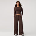 Timeoff Women'S 2-Piece Activewear Set Long-Sleeve Crop Top & Wide-Leg Pants Stretchy Fabric for Yoga Leisure Daily Active Scenarios Workout Running Clothes