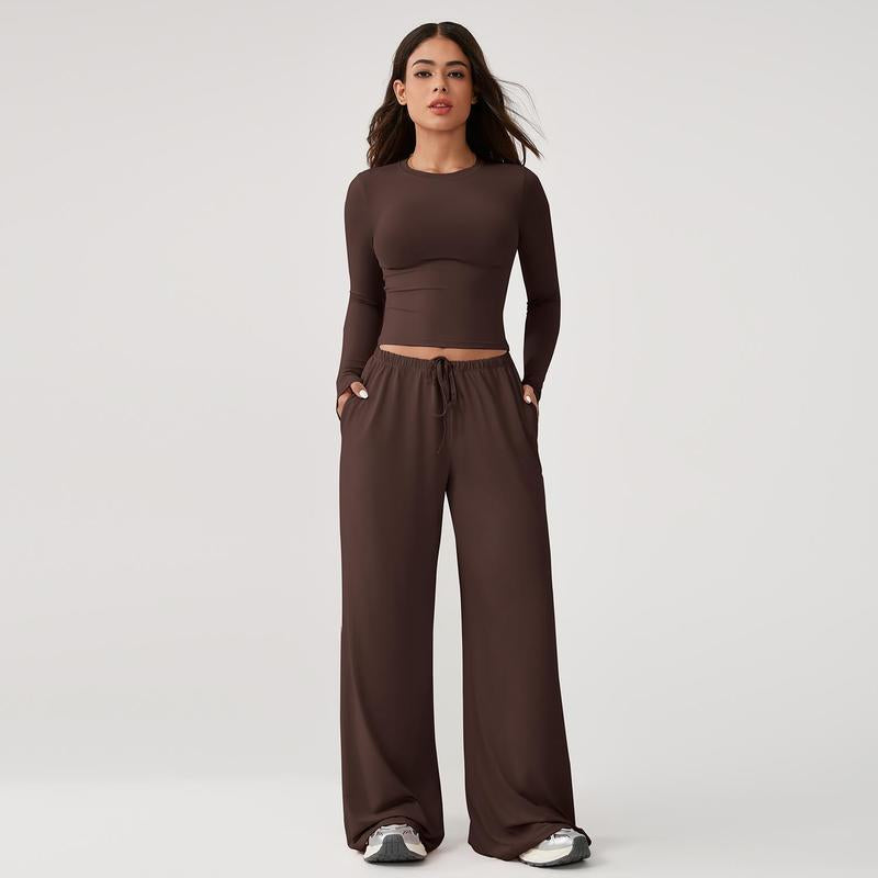 Timeoff Women'S 2-Piece Activewear Set Long-Sleeve Crop Top & Wide-Leg Pants Stretchy Fabric for Yoga Leisure Daily Active Scenarios Workout Running Clothes