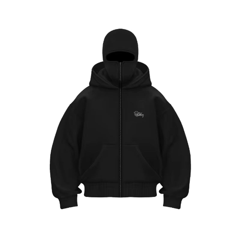 Y2K Gothic Balaclava Hoodie – Double-Hooded Cyber-Tech Mask Sweatshirt