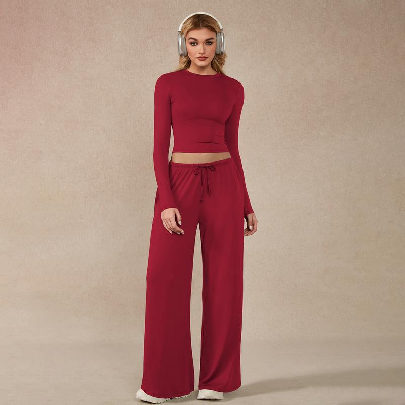 Timeoff Women'S 2-Piece Activewear Set Long-Sleeve Crop Top & Wide-Leg Pants Stretchy Fabric for Yoga Leisure Daily Active Scenarios Workout Running Clothes