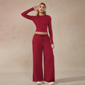 Timeoff Women'S 2-Piece Activewear Set Long-Sleeve Crop Top & Wide-Leg Pants Stretchy Fabric for Yoga Leisure Daily Active Scenarios Workout Running Clothes
