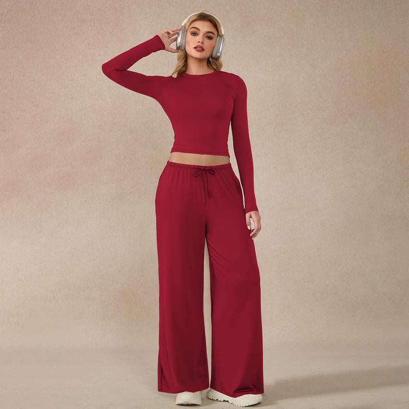 Timeoff Women'S 2-Piece Activewear Set Long-Sleeve Crop Top & Wide-Leg Pants Stretchy Fabric for Yoga Leisure Daily Active Scenarios Workout Running Clothes