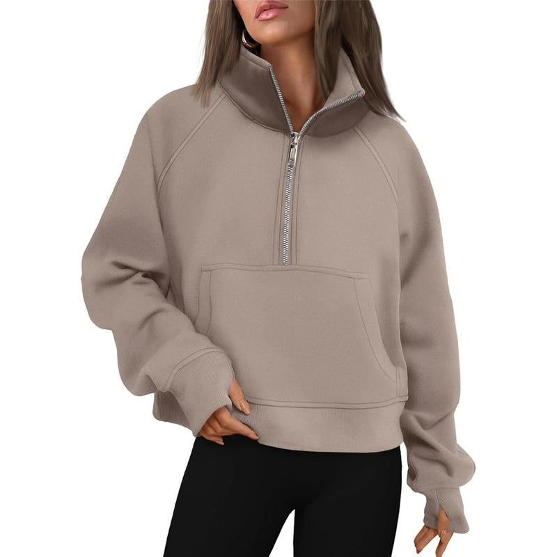 Cropped Half-Zip Fleece Hoodie – Fall Fashion Quarter-Zip Pullover