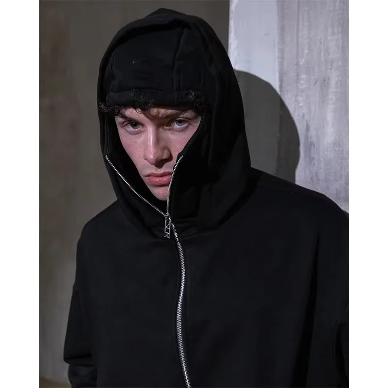 Y2K Gothic Balaclava Hoodie – Double-Hooded Cyber-Tech Mask Sweatshirt