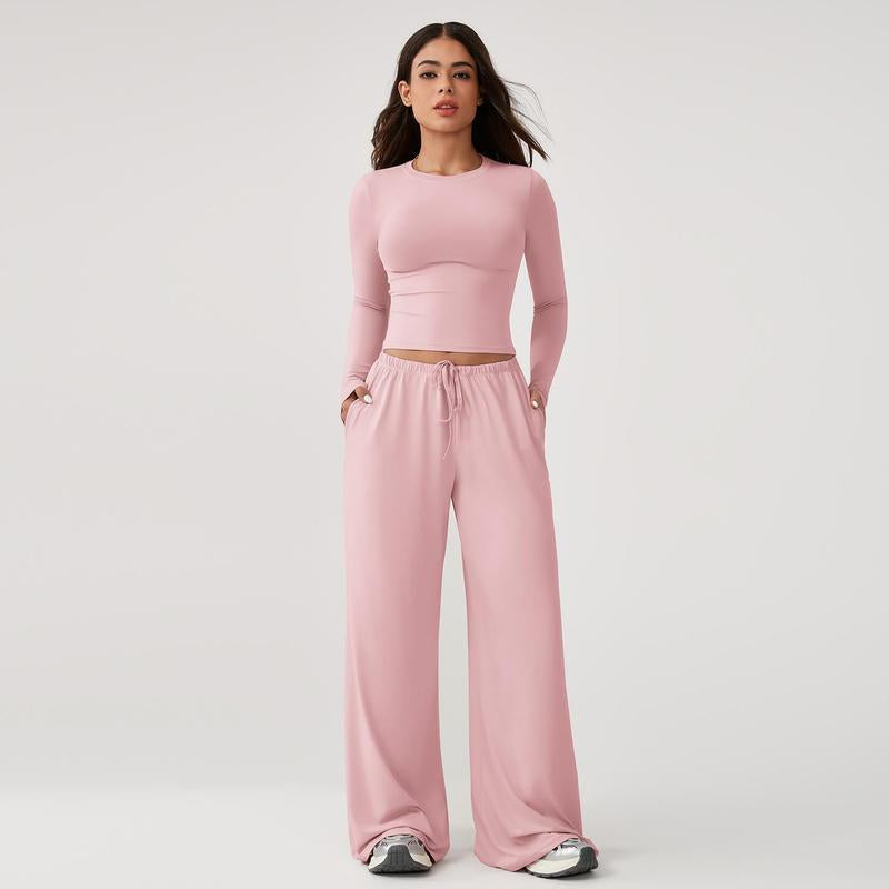 Timeoff Women'S 2-Piece Activewear Set Long-Sleeve Crop Top & Wide-Leg Pants Stretchy Fabric for Yoga Leisure Daily Active Scenarios Workout Running Clothes