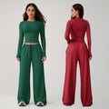 Timeoff Women'S 2-Piece Activewear Set Long-Sleeve Crop Top & Wide-Leg Pants Stretchy Fabric for Yoga Leisure Daily Active Scenarios Workout Running Clothes