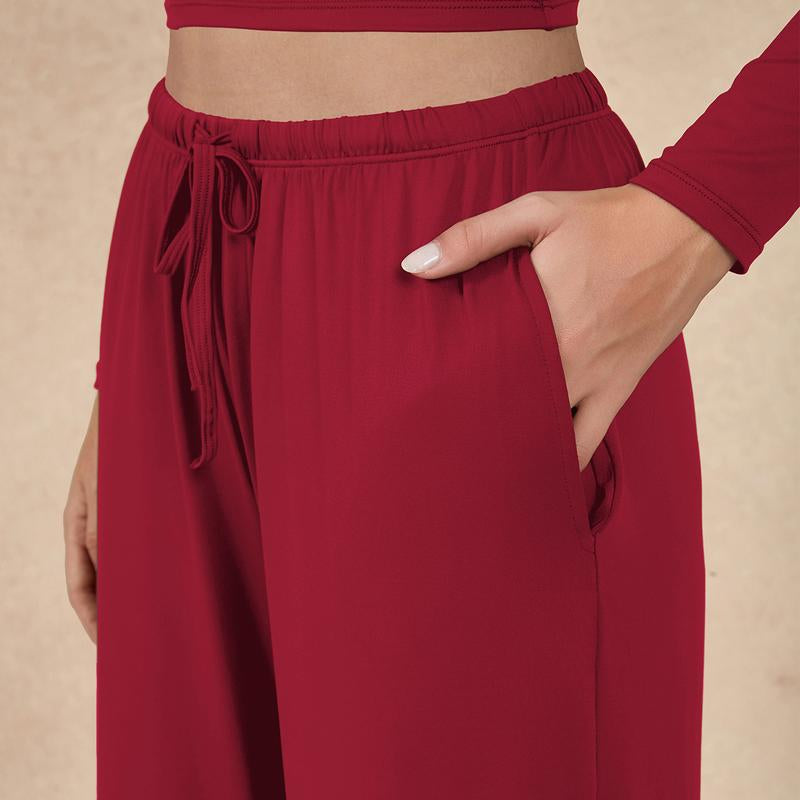 Timeoff Women'S 2-Piece Activewear Set Long-Sleeve Crop Top & Wide-Leg Pants Stretchy Fabric for Yoga Leisure Daily Active Scenarios Workout Running Clothes