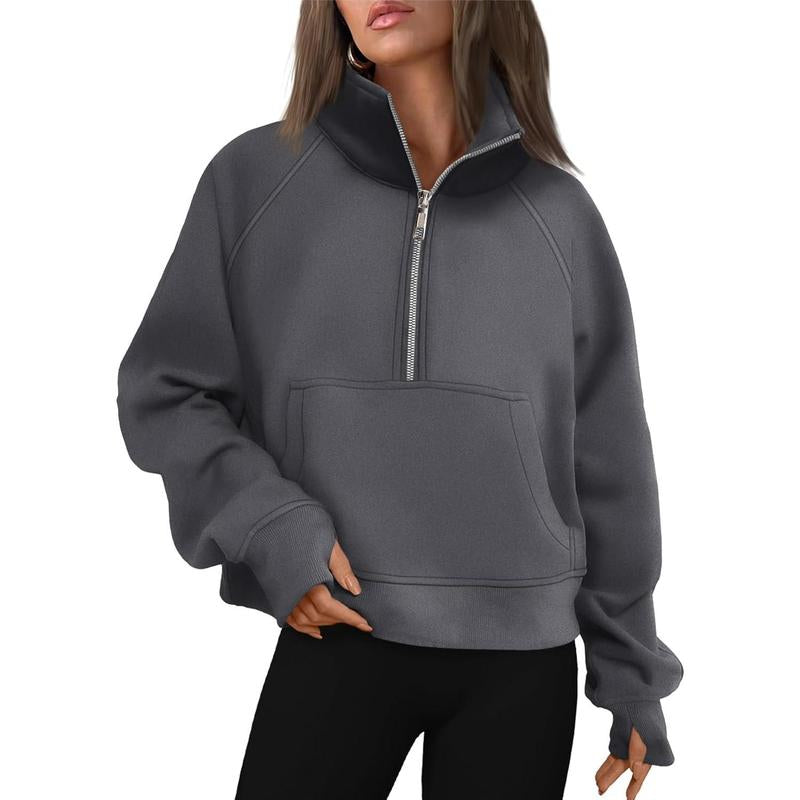 Cropped Half-Zip Fleece Hoodie – Fall Fashion Quarter-Zip Pullover