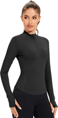 Women'S Gym Tops 1/4 Zip Long Sleeve Quick-Dry Sports T-Shirts Lightweight Athletic Activewear with Thumb Holes, Side Pockets for Yoga, Running