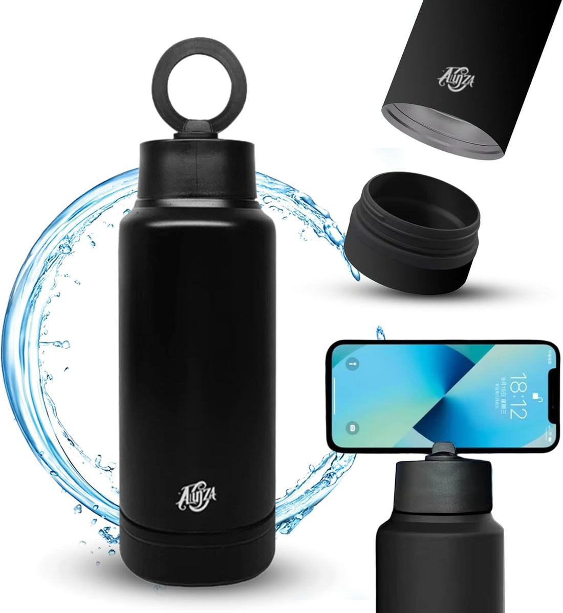 Insulated Water Bottle with Phone Stand & Snack Holder – Leakproof, 360° Kickstand, Great for Gym, Work, Travel, Sports – Fits Most Smartphones